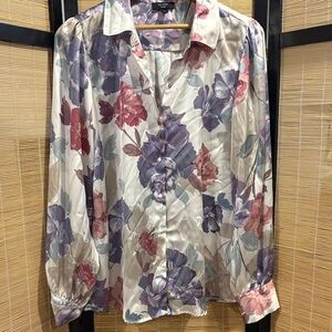 Have Floral Satin Button-Down Shirt in Cream, Purple, Pink